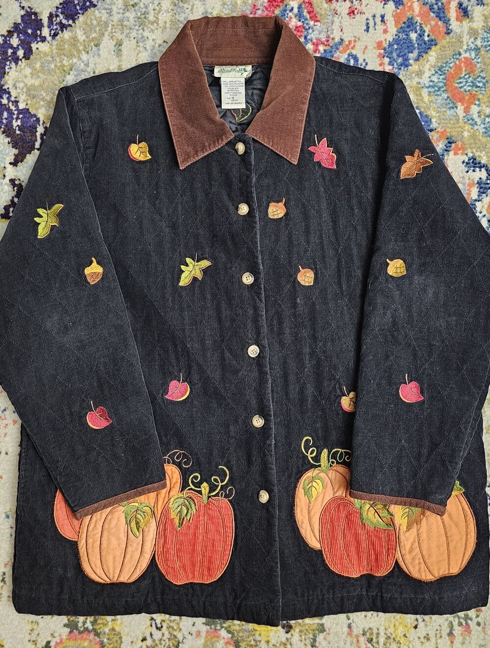 Quacker Factory Womens 1X Pumpkin Corduroy Embroidery Grandmacore Quilted Jacket